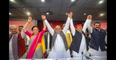 Samajwadi Party president Akhilesh Yadav, UP Congress president Ajay Rai and other leaders during a meeting of Indian National Developmental Inclusive Alliance (INDIA) ahead of the Lok Sabha elections, at SP office in Lucknow on Monday (PTI)